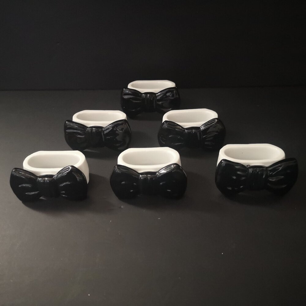 Vintage 1980's Genuine Bone China Black Bow w/ White Napkin Rings Set of 6